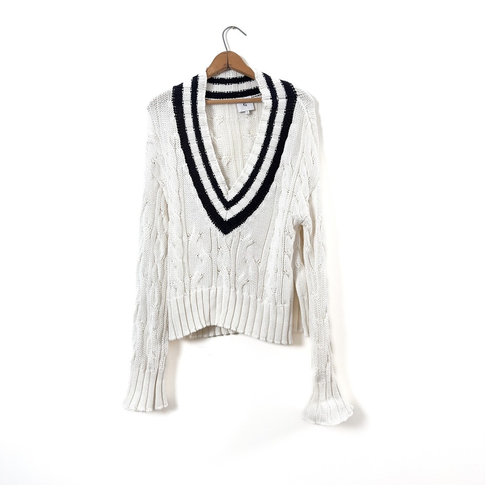 G. Label by Goop White Cotton Cable Knit Cricket V-Neck Sweater - S